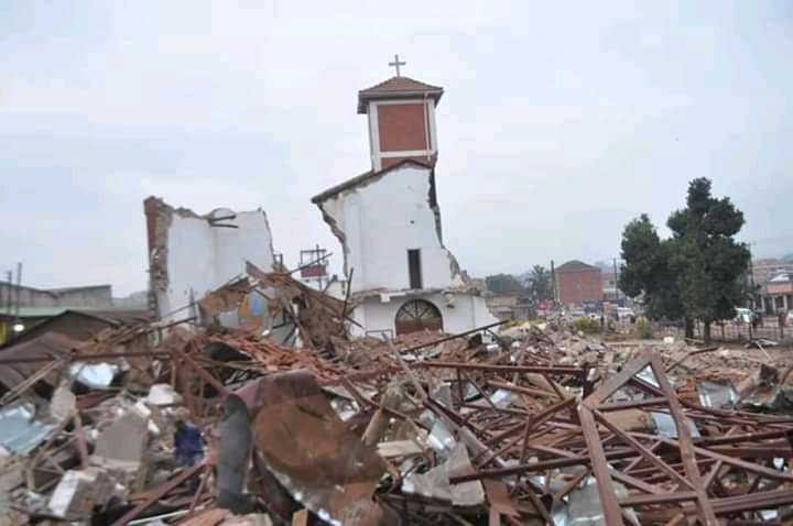 The rubble of the demolished St Peter's Church of Uganda building in Ndeeba