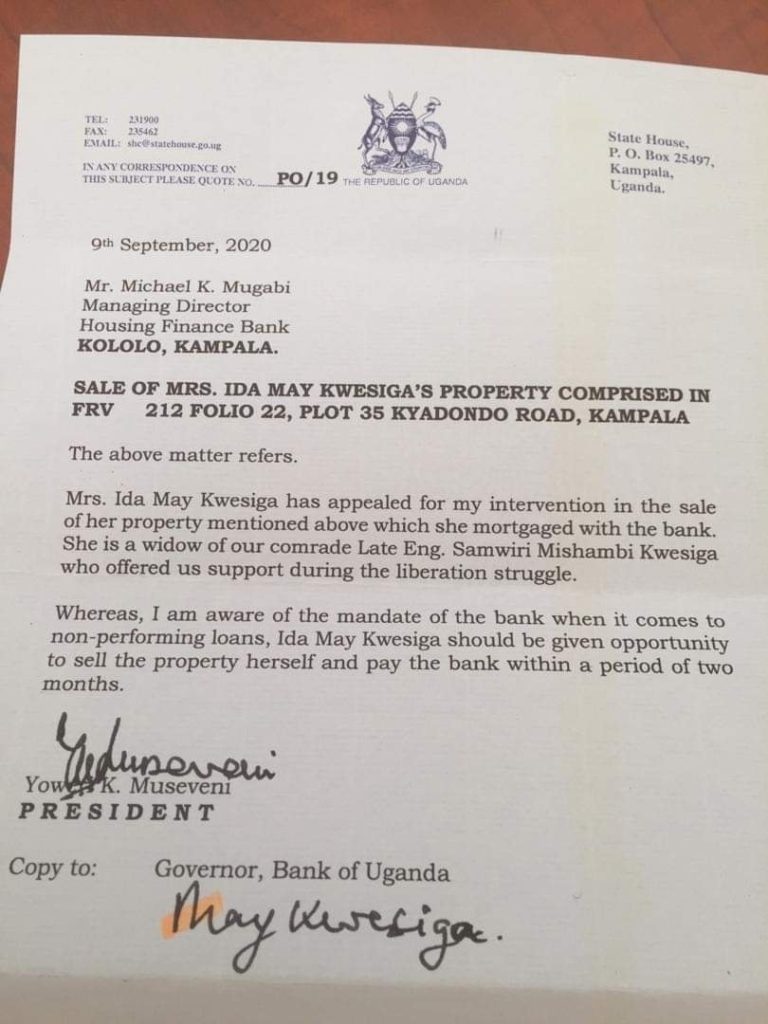 Museveni's letter to Housing Finance bank