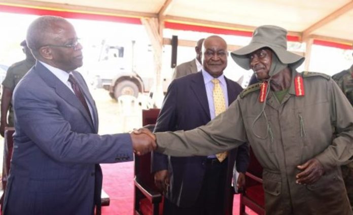 Museveni greets Mbabazi during the 2020 Tarehe Sita celebrations in Nakasekke in February. PPU Photo.jpg