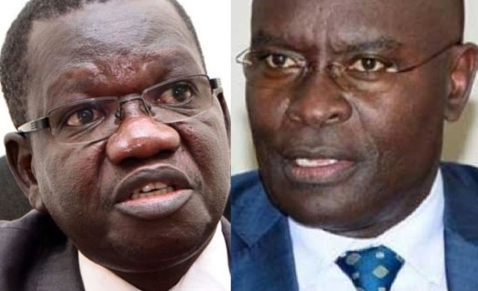 FDC presidential candidate Patrick Oboi Amuriat (POA) and Electoral Commission (EC) chairperson Justice Simon Mugenyi Byabakama