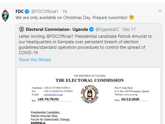 FDC says Amuriat not available to meet EC until Christmas Day