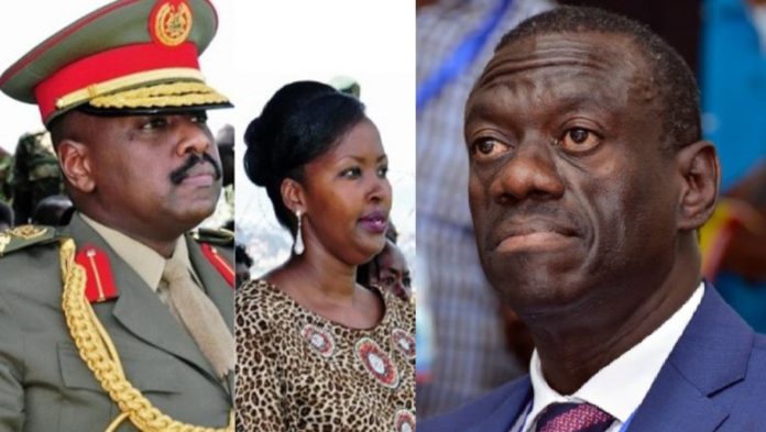 First son Lt Gen Muhoozi Kainerugaba, his wife Charlotte Nankunda, and veteran oppositon leader Dr Col (Rtd) Kizza Besigye.
