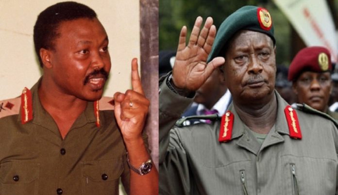 Former army commander Maj Gen (Rtd) Gregg Mugisha Muntu, and commander-in-chief Gen Yoweri Kaguta Tibuhaburwa Museveni
