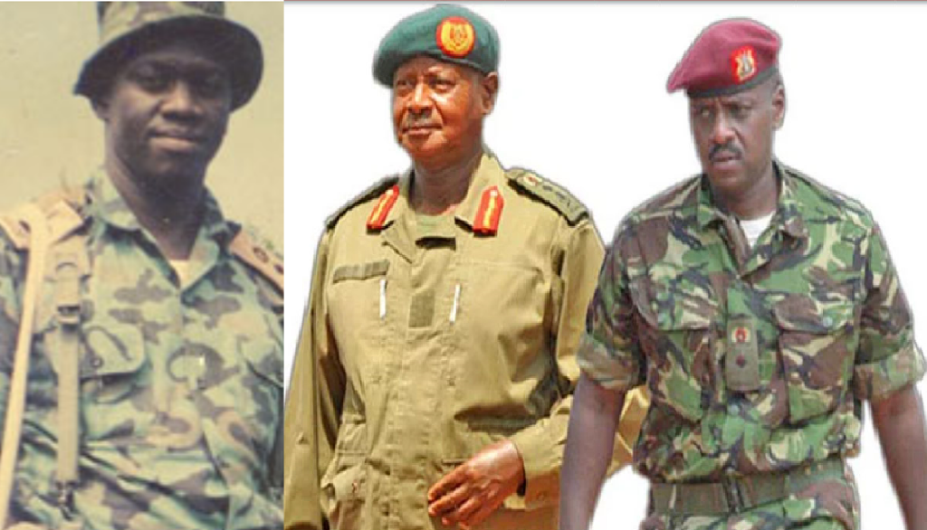 Kizza Besigye during the bush war days, Museveni and his son Muhoozi Kainerugaba.