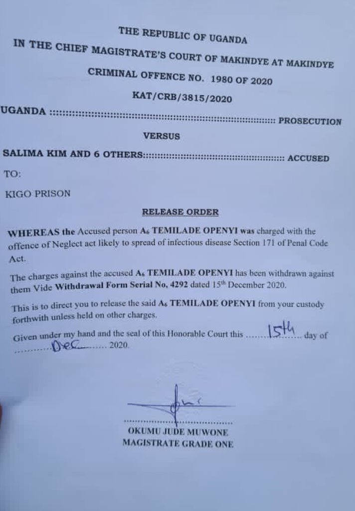 Makindye Grade one Magistrate Jude Muwone Okumu has ordered the release of Nigerian singer Tems 