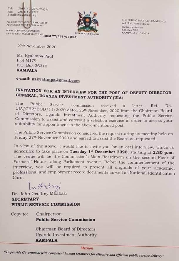 Public Service Commission secretary letter inviting Paul Kyalimpa for interviews