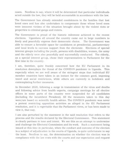 Minister Sam Kutesa letter to EU Parliament president David Sassoli