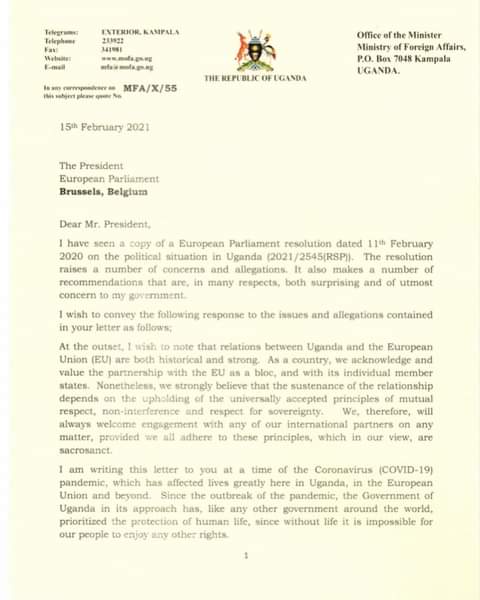 Sam Kutesa letter to EU Parliament president David Sassoli