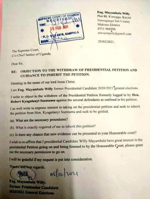 TAKEOVER AHEAD: Former presidential candidate Willy Mayambala has asked the Supreme Court to allow him 'inherit' National Unity Platform (NUP) leader Robert Kyagulanyi aka Bobi Wine's petition. 