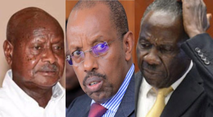 Museveni, Keith Muhakanizi and Matia Kasaija. The president is angry with the finance minister and his permanent secretary over DGF operations in Uganda.