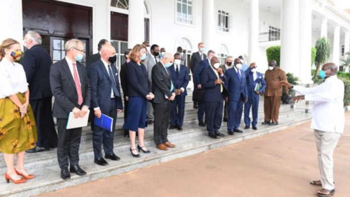 Museveni with EU envoys after meeting at State House Entebbe