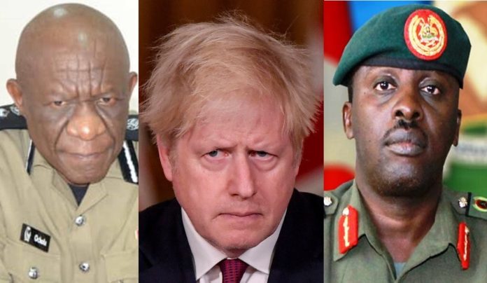 Police chief IGP Martins Okoth Ochola, UK Prime Minister Boris Johnson, and Chief of Defence Forces (CDF) Gen David Muhoozi.