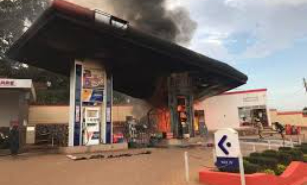 A petrol station on fire. On alert: Police speaks on reports of plot to burn petrol stations after attacks in Gayaza, Sekanyonyi