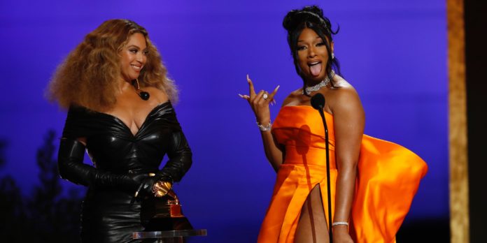 Beyoncé and Megan Thee Stallion accept the Best Rap Performance award for 'Savage' onstage during the 63rd Annual GRAMMY Awards at Los Angeles Convention Center on March 14, 2021 in Los Angeles, California.Full List of 2021 Grammy Awards Winners