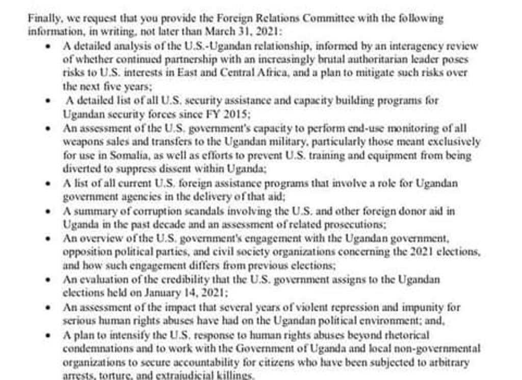 US senators Cory Booker and James Jim Risch have asked secretary of state Antony Blinken to furnish their foreign relations committee with information on nine key areas related to US Uganda relations ahead of anticipated review.