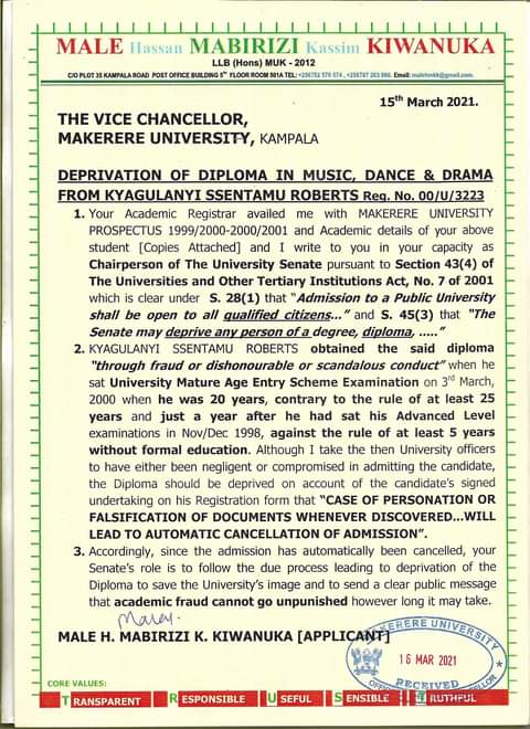 Lawyer Male Mabirizi writes to Makerere University vice chancellor Prof Barnabas Nawangwe asking him to recall (deprivation) Bobi Wine MDD diploma over mature age entry irregularities.