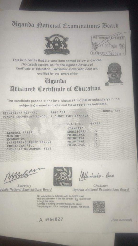 Muhammad Richard Ssegirinya A-level UACE certificate which Uneb says belongs to Maureen Nabadda of Mengo Secondary School not Pimbas Secondary School