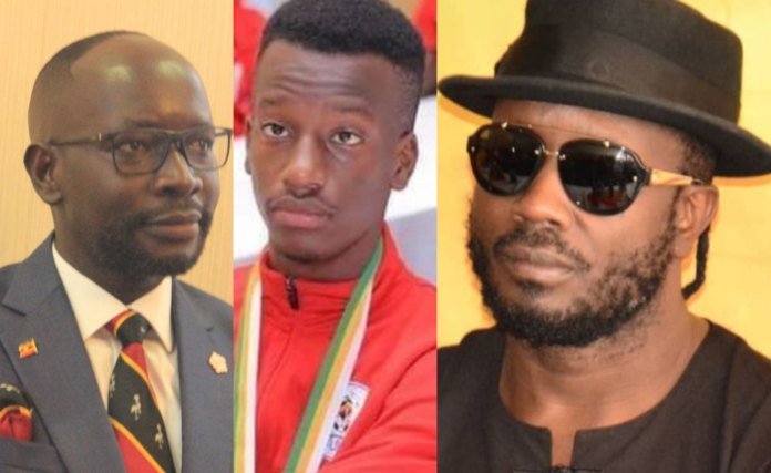 Sports minister Hamson Denis Obua, Alpha Thierry Ssali and Bebe Cool. Revealed: Bebe Cool told education ministry his son Alpha should prioritize football over exams
