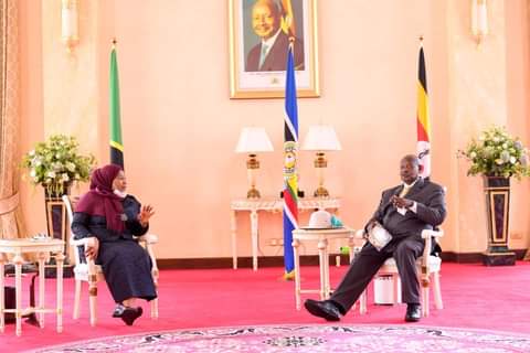 President Yoweri Kaguta Tibuhaburwa Museveni hosts Tanzania leader Samia Hassan Suluhu at State House Entebbe on April 11, 2021. Uganda and Tanzania have signed oil pipeline agreements.