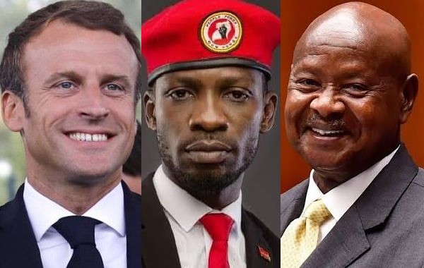 French President Emmanuel Macron, Bobi Wine and Museveni. Macron has sent a message to Museveni ahead of swearing-in ceremony