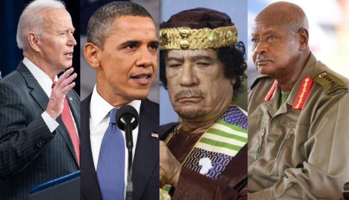 Joe Biden, Barrack Obama, Muammar Gadaffi and Yoweri Museveni. Museveni reveals how he'd planned to send troops to fight Gadaffi's western aggressors; outlines plan to defend, secure Africa