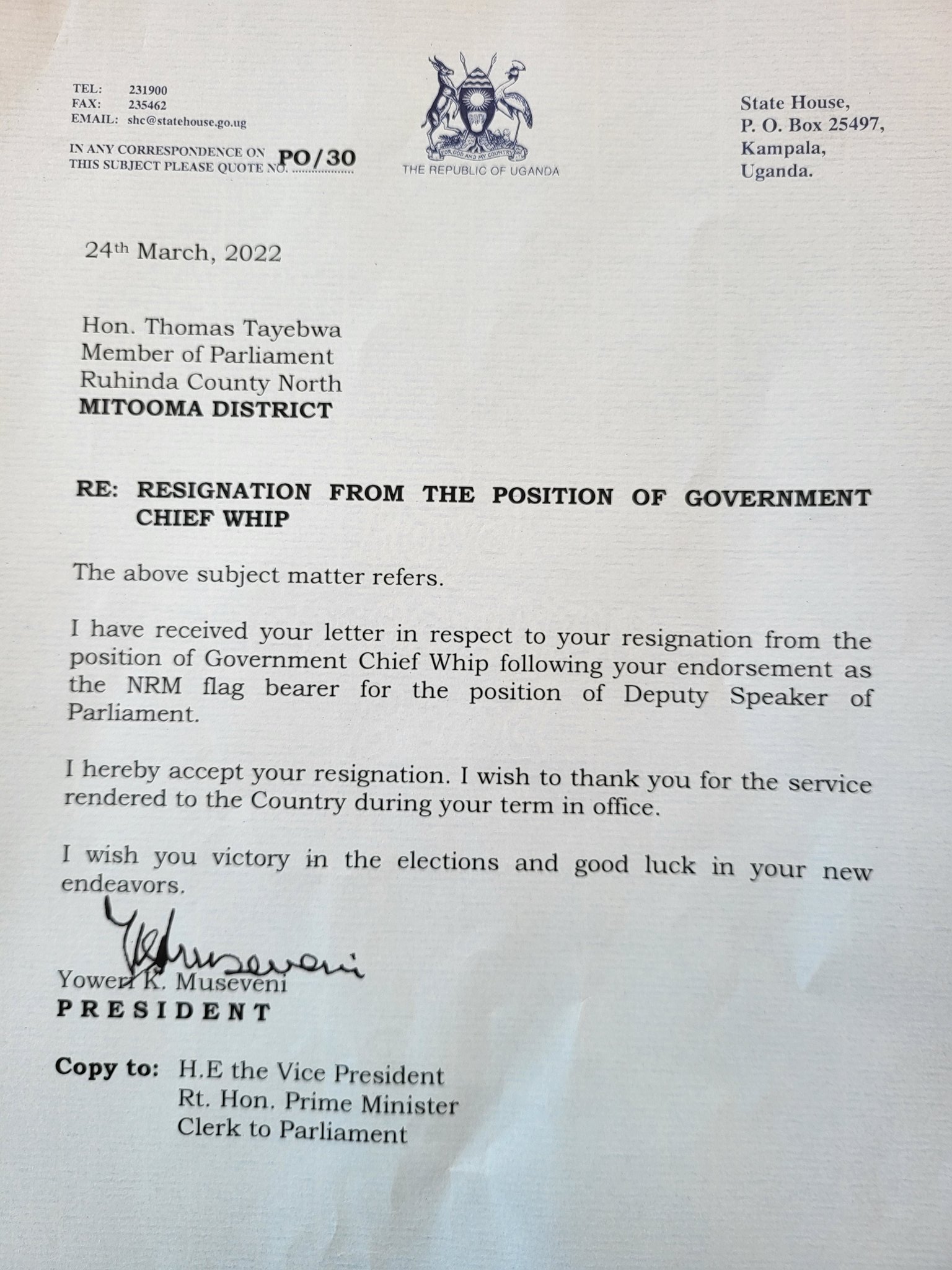 JUST IN: Thomas Tayebwa Resigns Government Chief Whip Job Ahead of Deputy Speaker Election; Museveni Accepts Tayebwa's Resignation