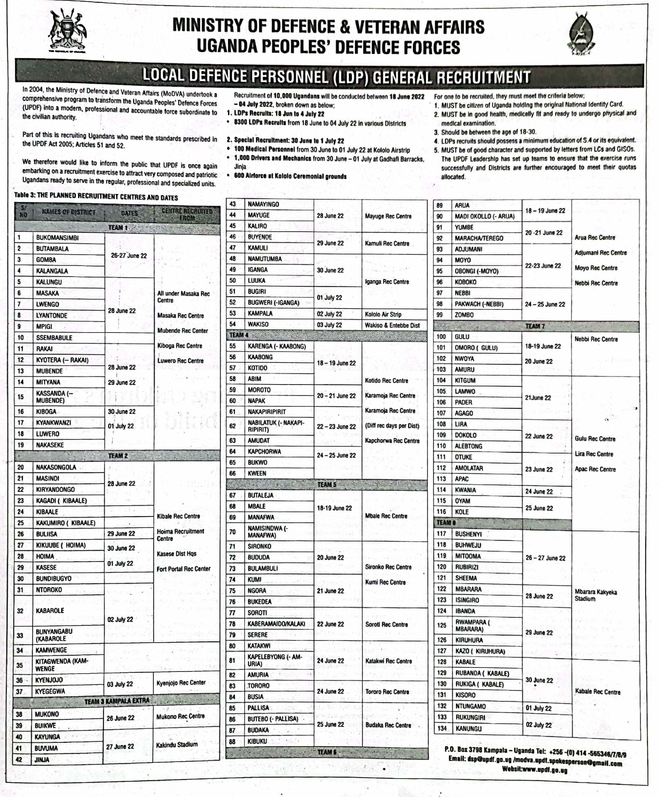 UPDF JOBS: See List of Recruitment Centres & Interview Dates